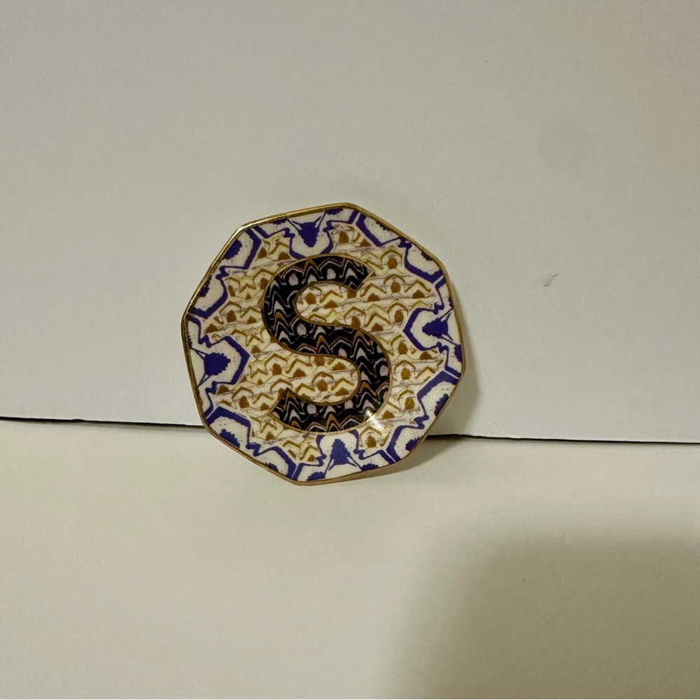Anthropologie ‘S’ Ceramic Plate with Blue and Gold Accents